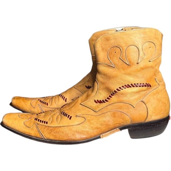 Vintage Jo Ghost Italian Western Cowboy Ankle Boots Tan Leather Size 45 11.5-12 - Picture 7 of 16